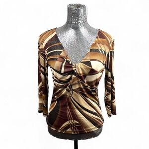 Vintage Y2K Babydoll Brown Stretch Shimmer Top Small Ruched Bust Swirl Print‎